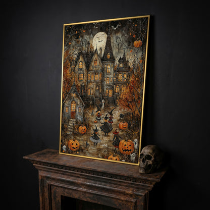 Haunted House with Witches Canvas Print in yellow gold floating frame