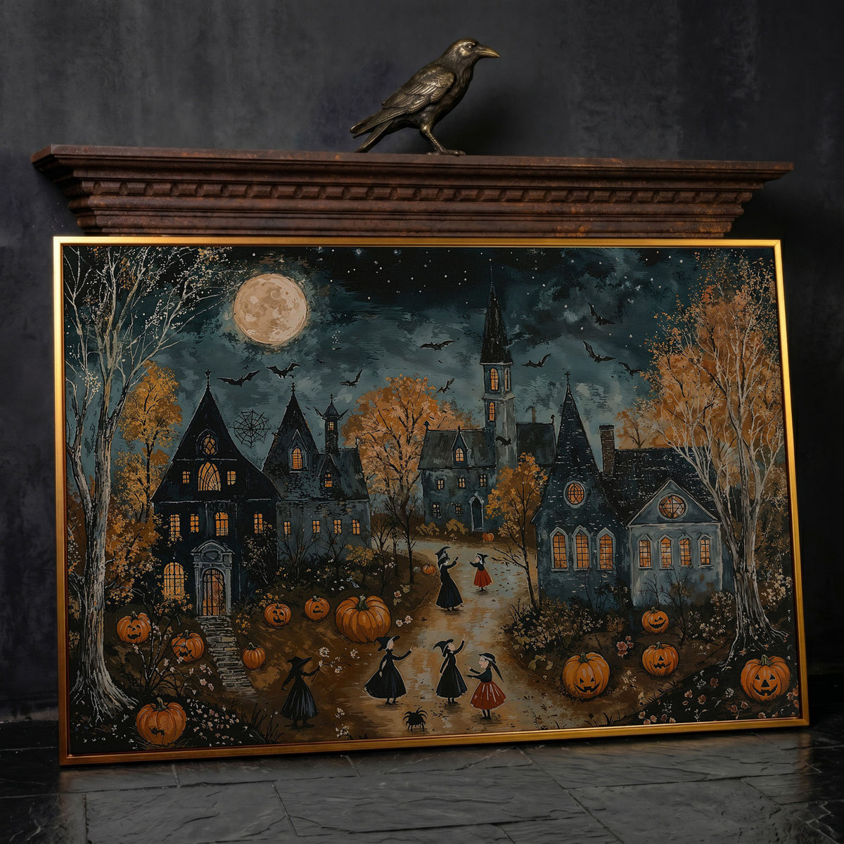 Spooky Village with Pumpkins Canvas in antique gold floating frame