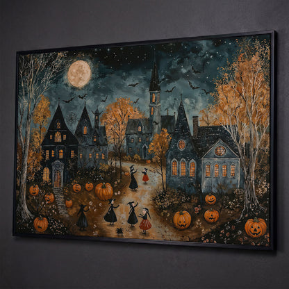 Spooky Village with Pumpkins Canvas shown in black floating frame