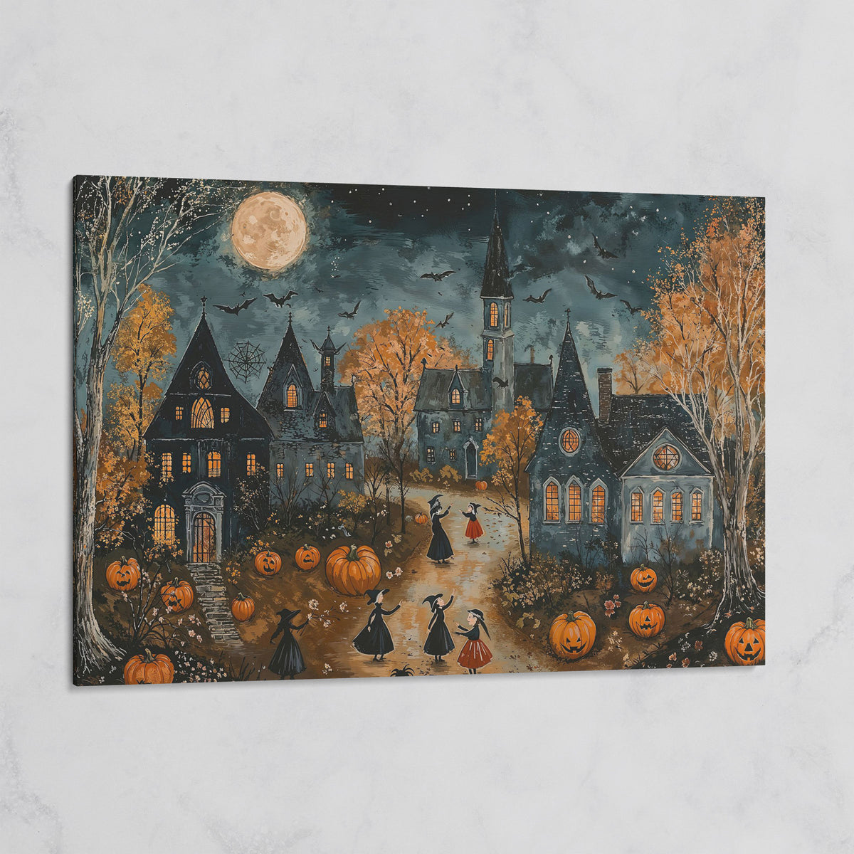 Spooky Village with Pumpkins Canvas on gallery wrap