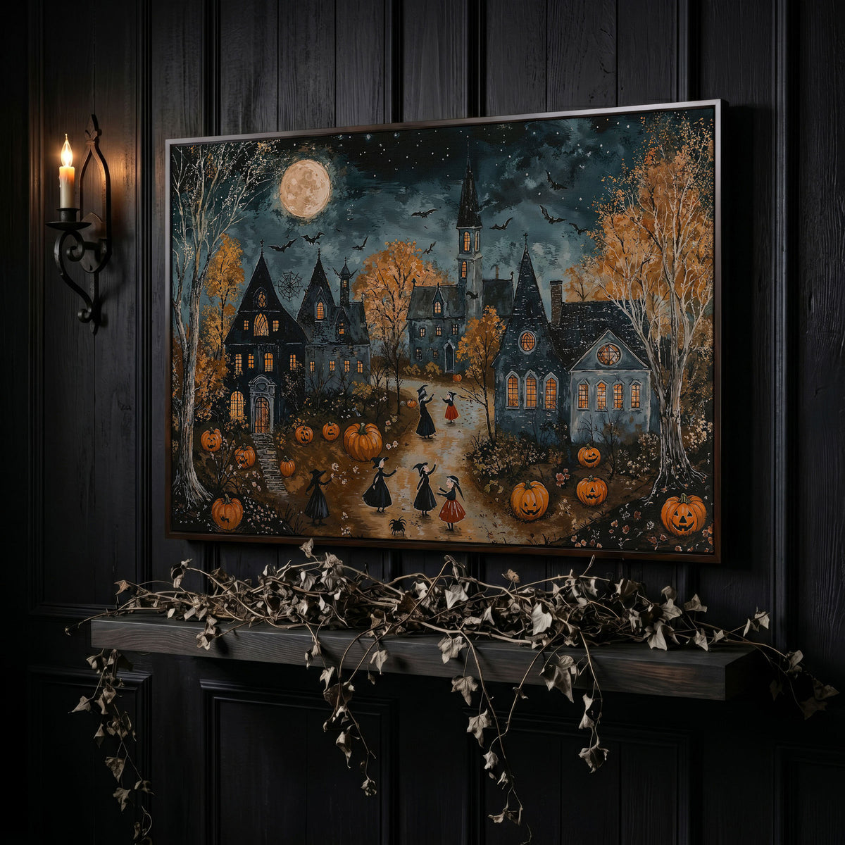 Spooky Village with Pumpkins Canvas in dark walnut floating frame