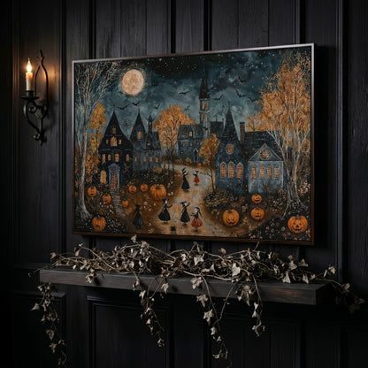 Spooky Village with Pumpkins Canvas in dark walnut floating frame