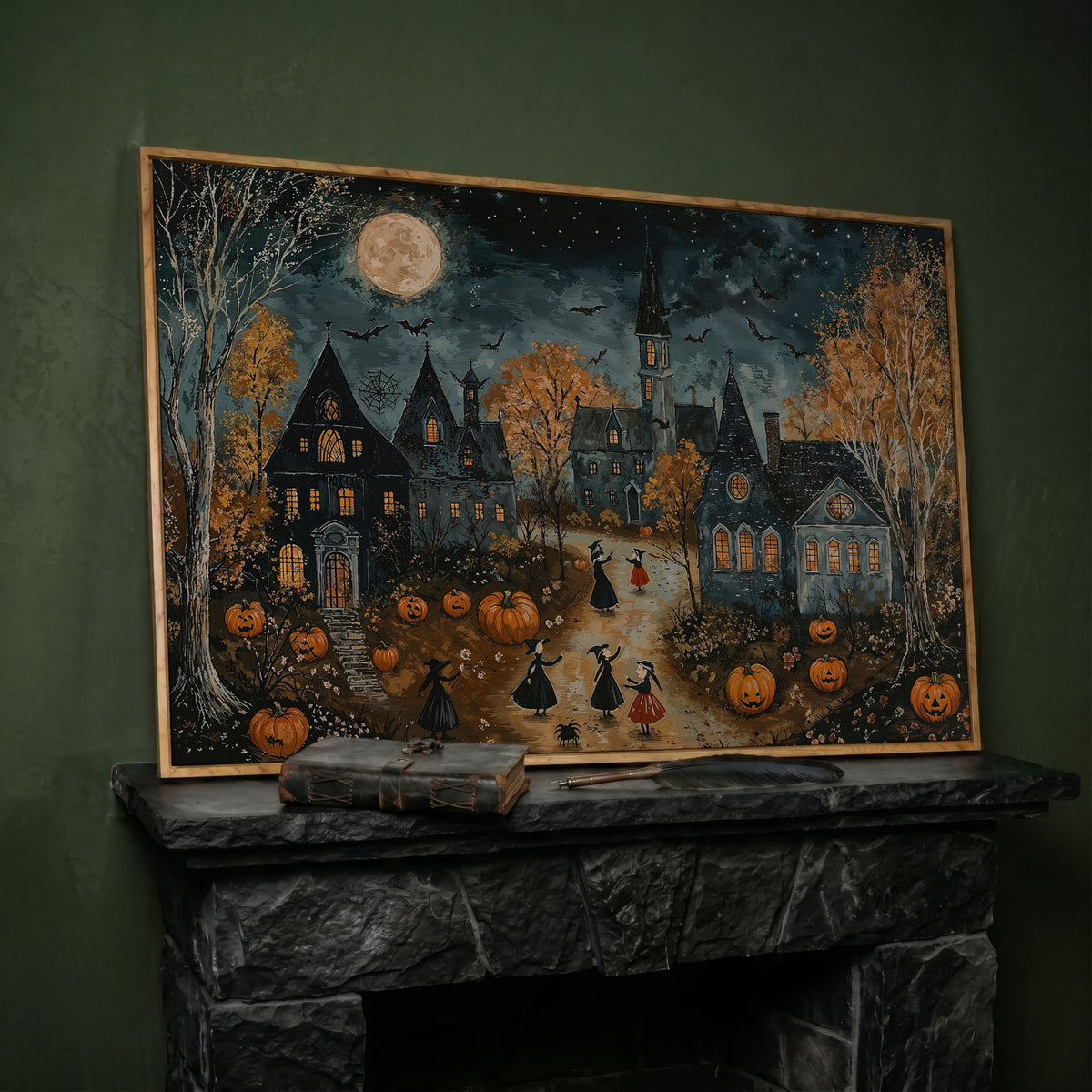 Spooky Village with Pumpkins Canvas in white oak floating frame