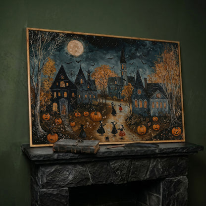 Spooky Village with Pumpkins Canvas in white oak floating frame