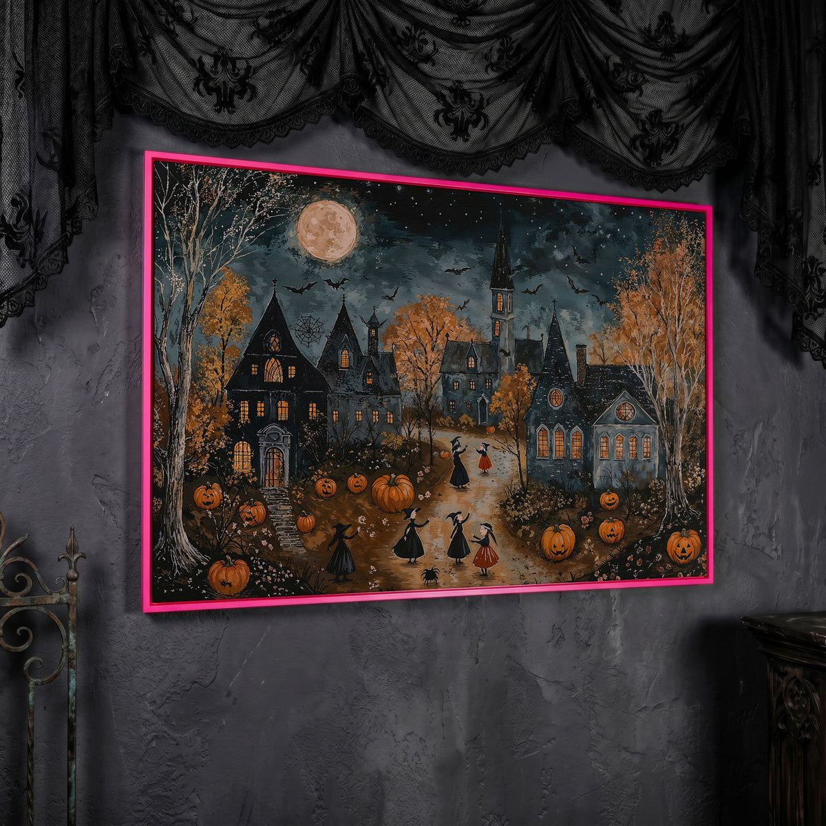 Spooky Village with Pumpkins Canvas in pink floating frame