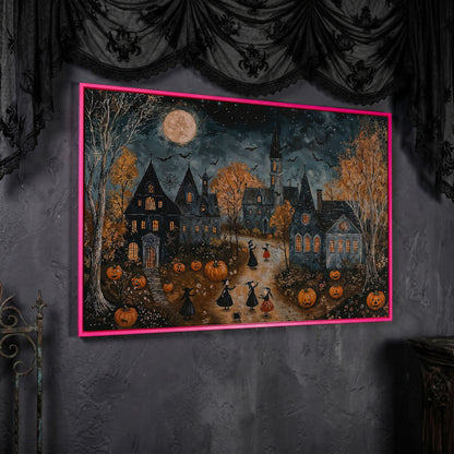 Spooky Village with Pumpkins Canvas in pink floating frame