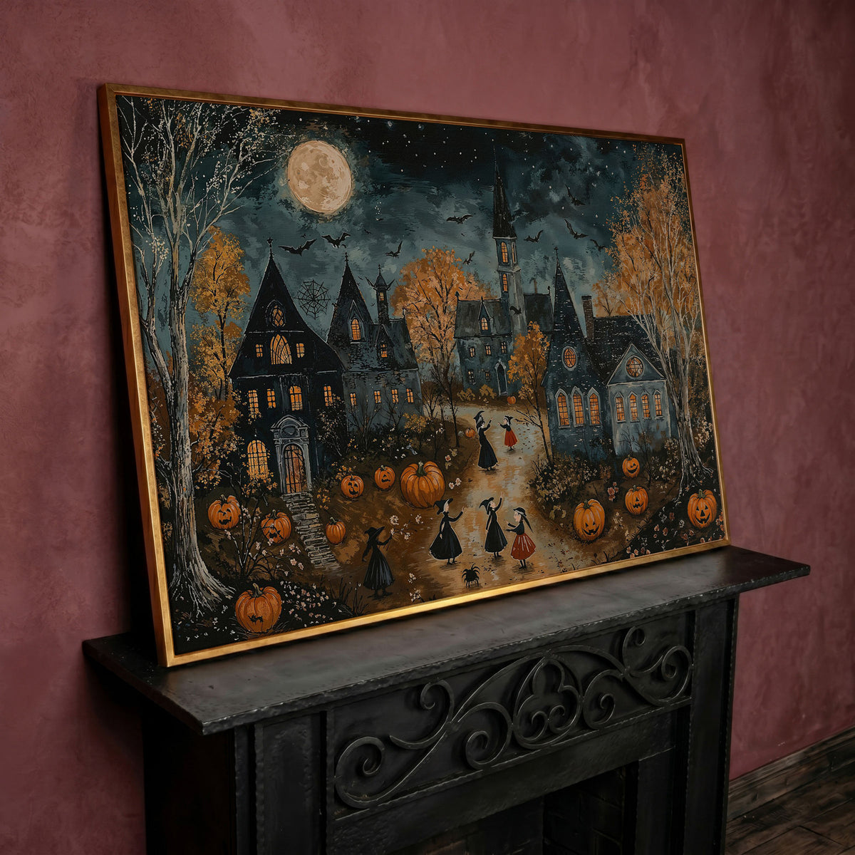 Spooky Village with Pumpkins Canvas in rose gold floating frame