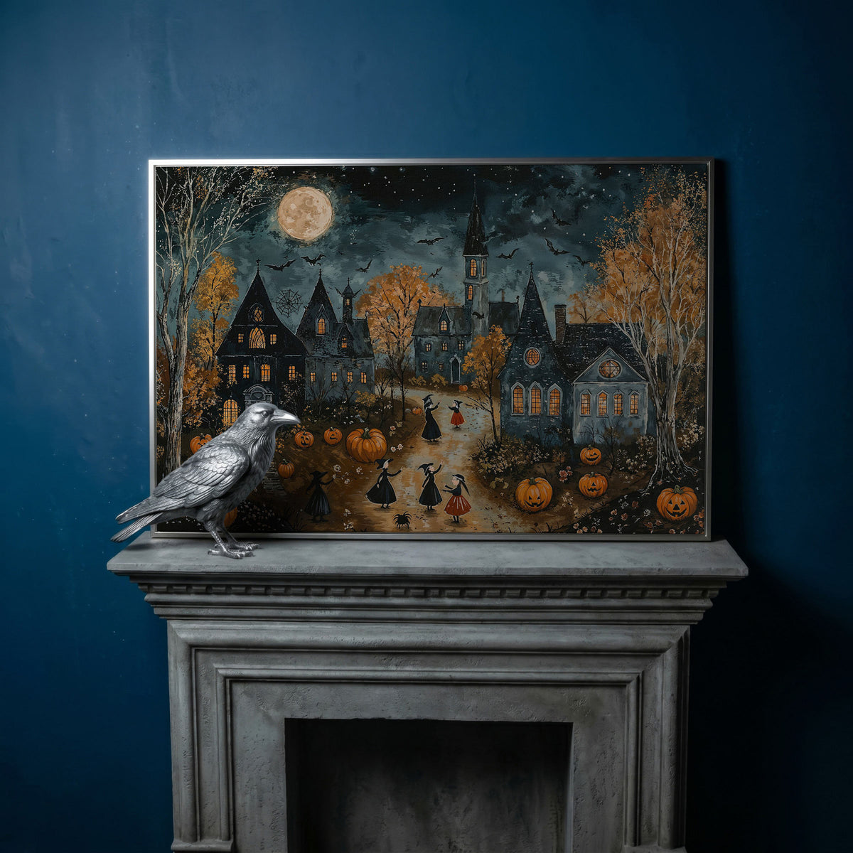 Spooky Village with Pumpkins Canvas in silver floating frame