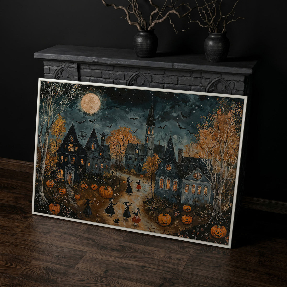 Spooky Village with Pumpkins Canvas in white floating frame