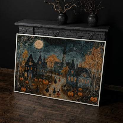 Spooky Village with Pumpkins Canvas in white floating frame