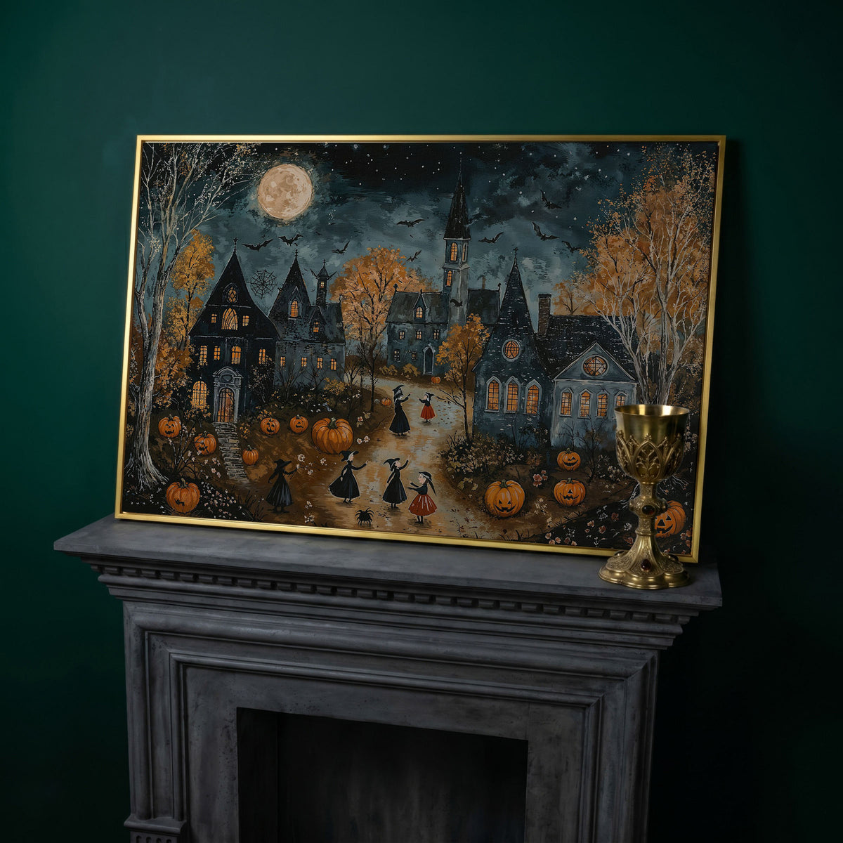 Spooky Village with Pumpkins Canvas in yellow gold floating frame