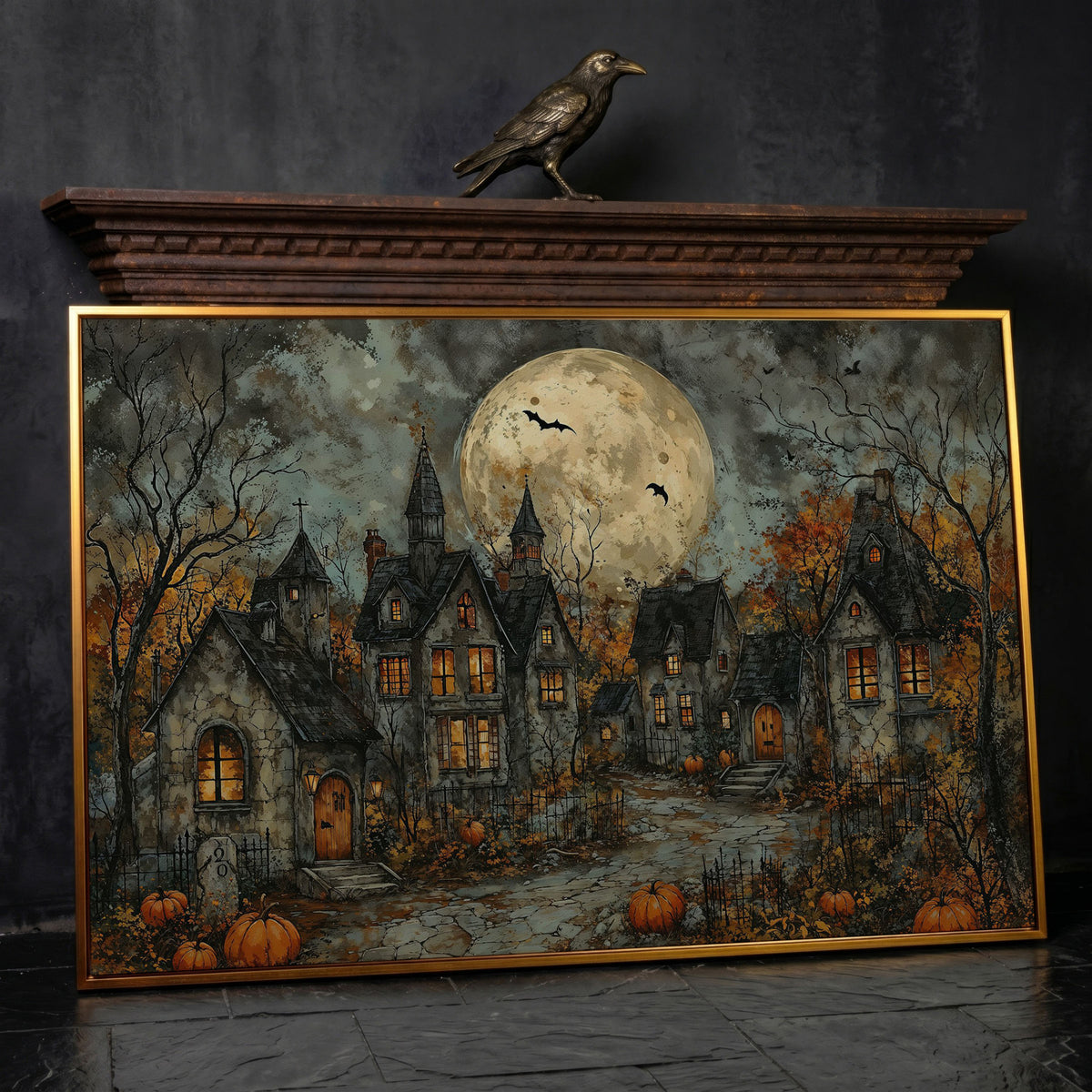 Spooky Gothic Village with Haunted Houses Canvas in antique gold floating frame