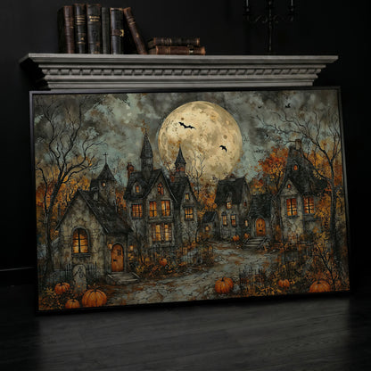 Spooky Gothic Village with Haunted Houses Canvas in black floating frame