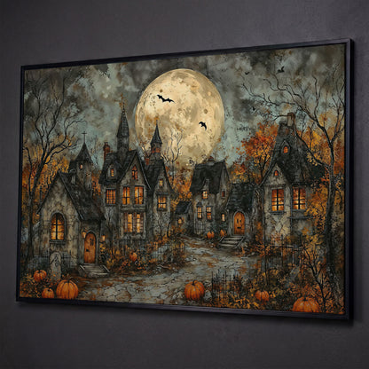 Spooky Gothic Village with Haunted Houses Canvas shown in black floating frame