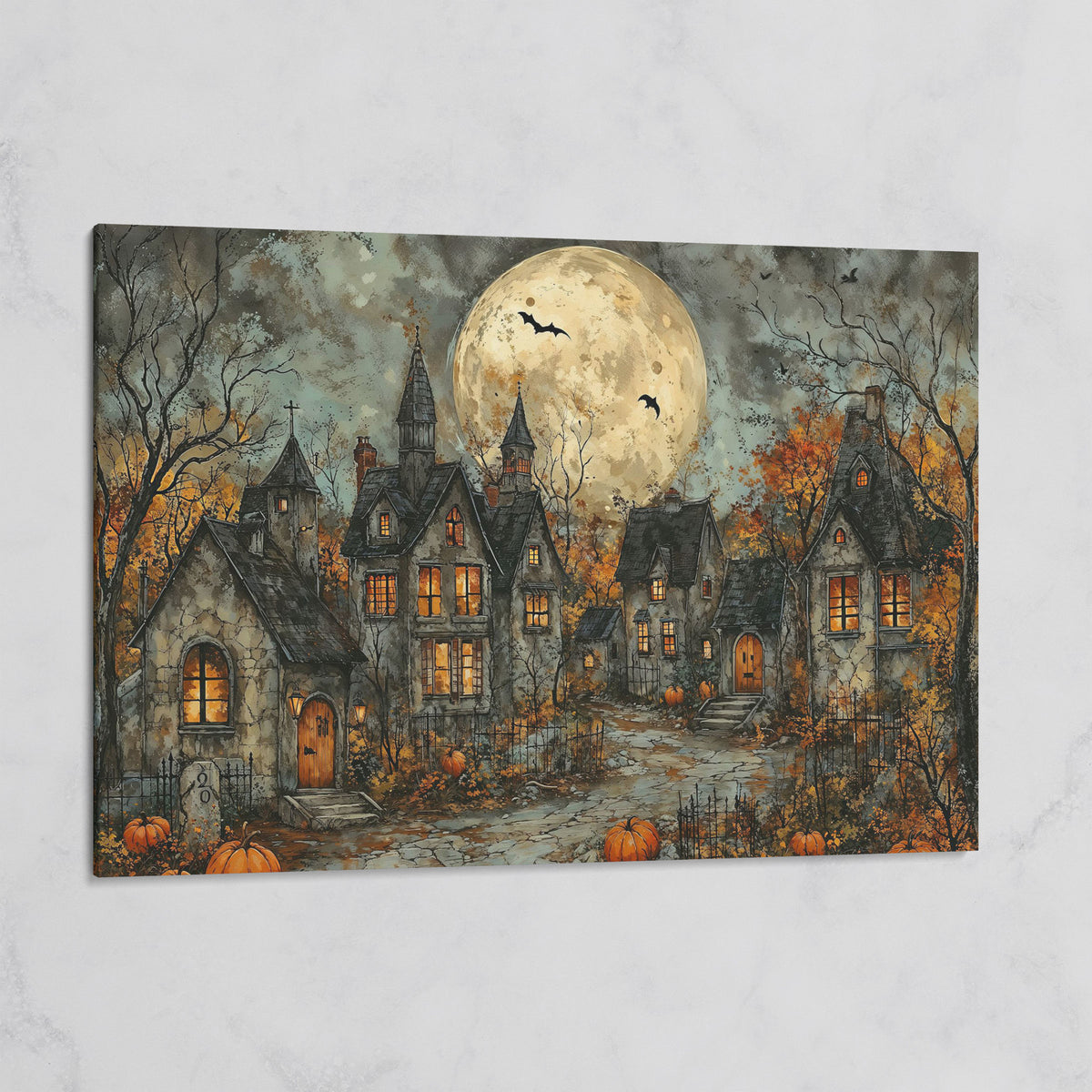 Spooky Gothic Village with Haunted Houses Canvas on gallery wrap