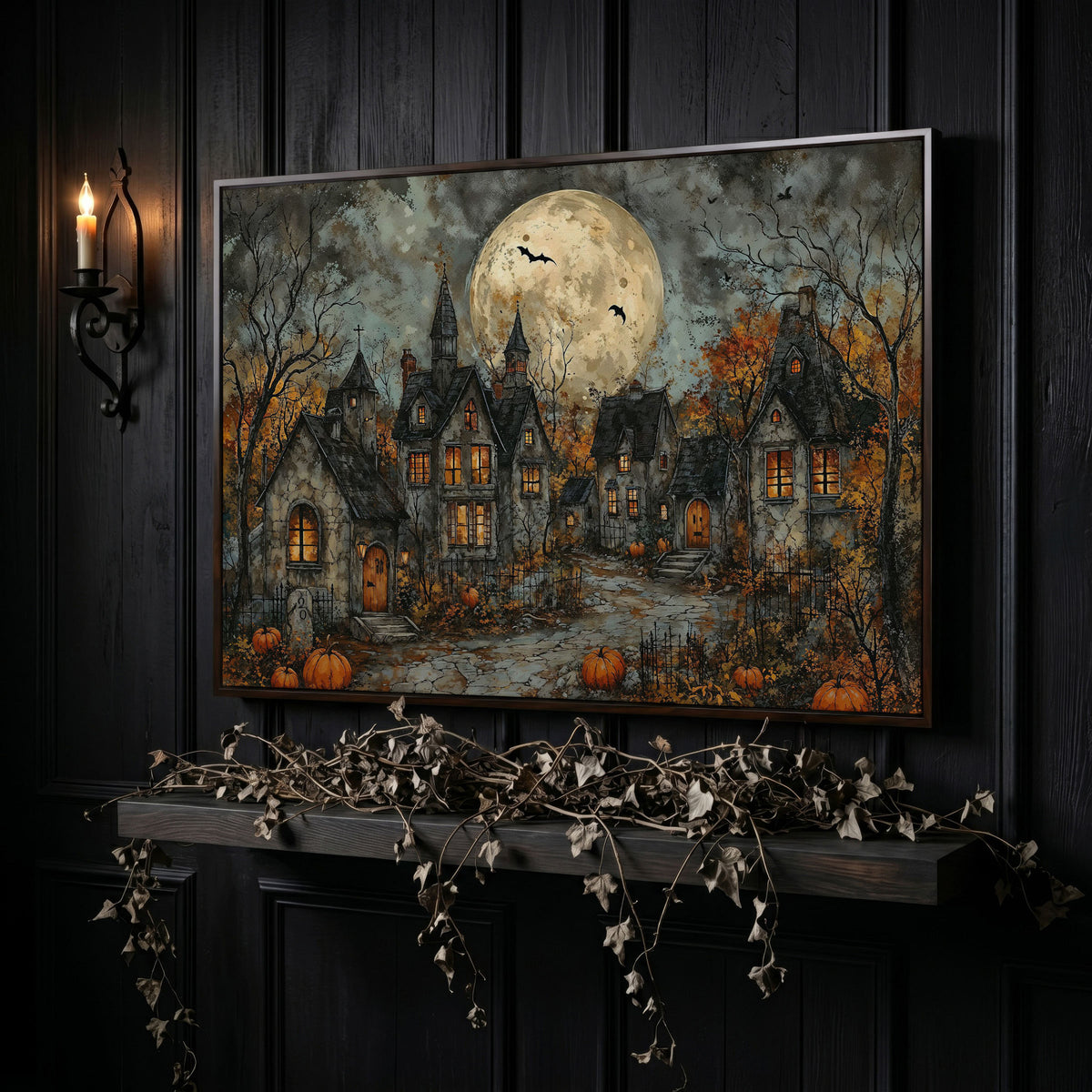 Spooky Gothic Village with Haunted Houses Canvas in dark walnut floating frame