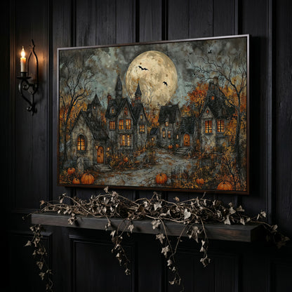 Spooky Gothic Village with Haunted Houses Canvas in dark walnut floating frame