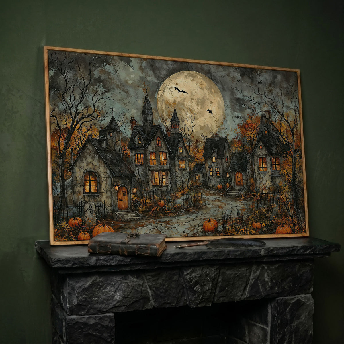 Spooky Gothic Village with Haunted Houses Canvas in white oak floating frame