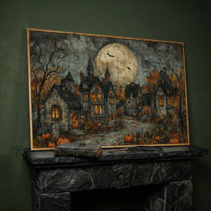 Spooky Gothic Village with Haunted Houses Canvas in white oak floating frame
