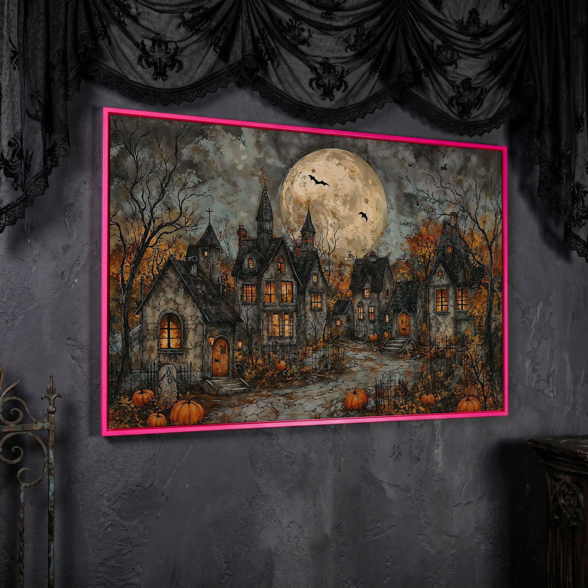 Spooky Gothic Village with Haunted Houses Canvas in pink floating frame