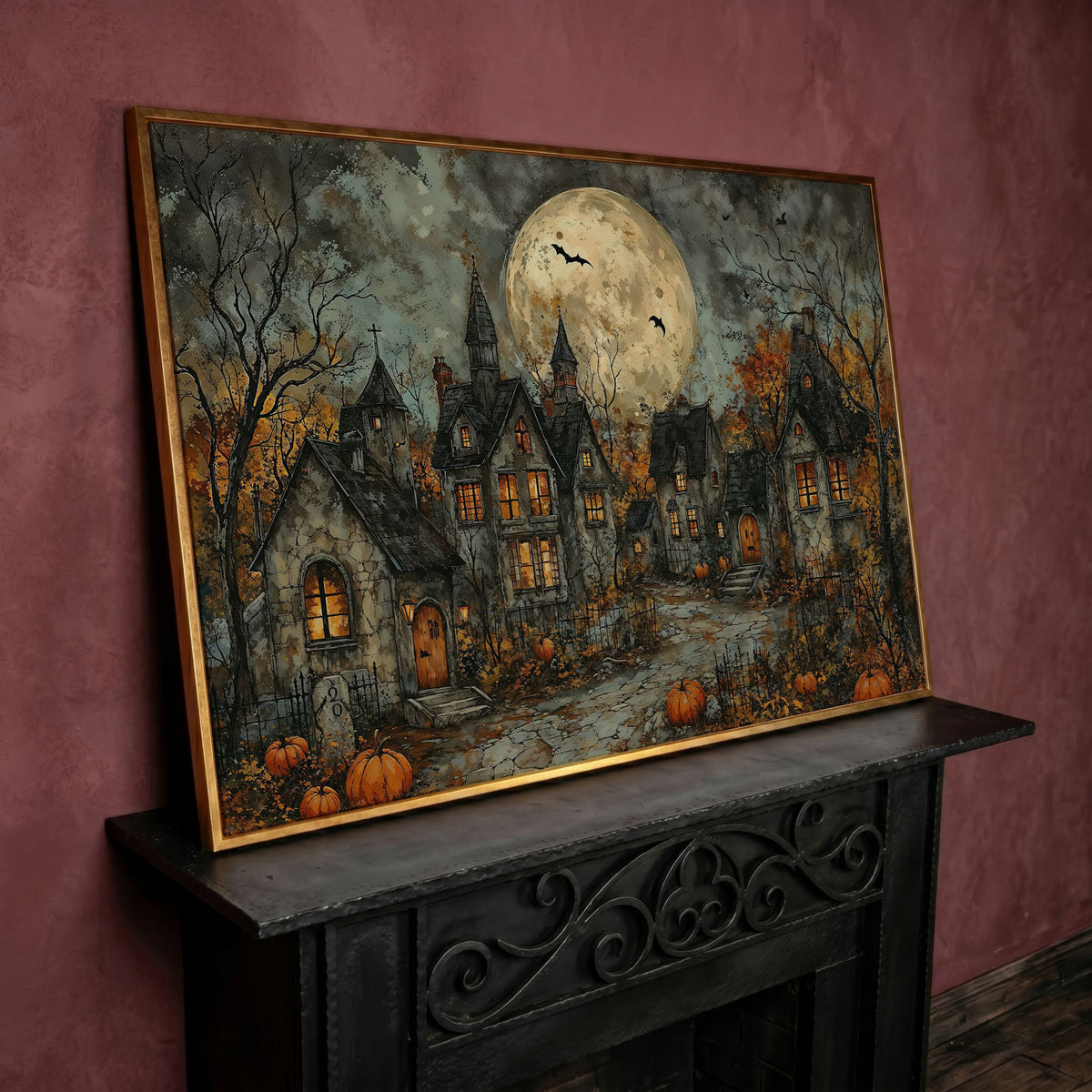 Spooky Gothic Village with Haunted Houses Canvas in rose gold floating frame