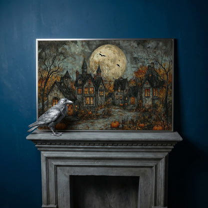 Spooky Gothic Village with Haunted Houses Canvas in silver floating frame