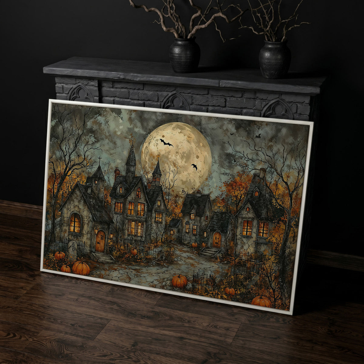 Spooky Gothic Village with Haunted Houses Canvas in white floating frame