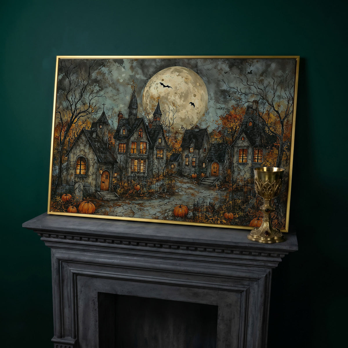 Spooky Gothic Village with Haunted Houses Canvas in yellow gold floating frame