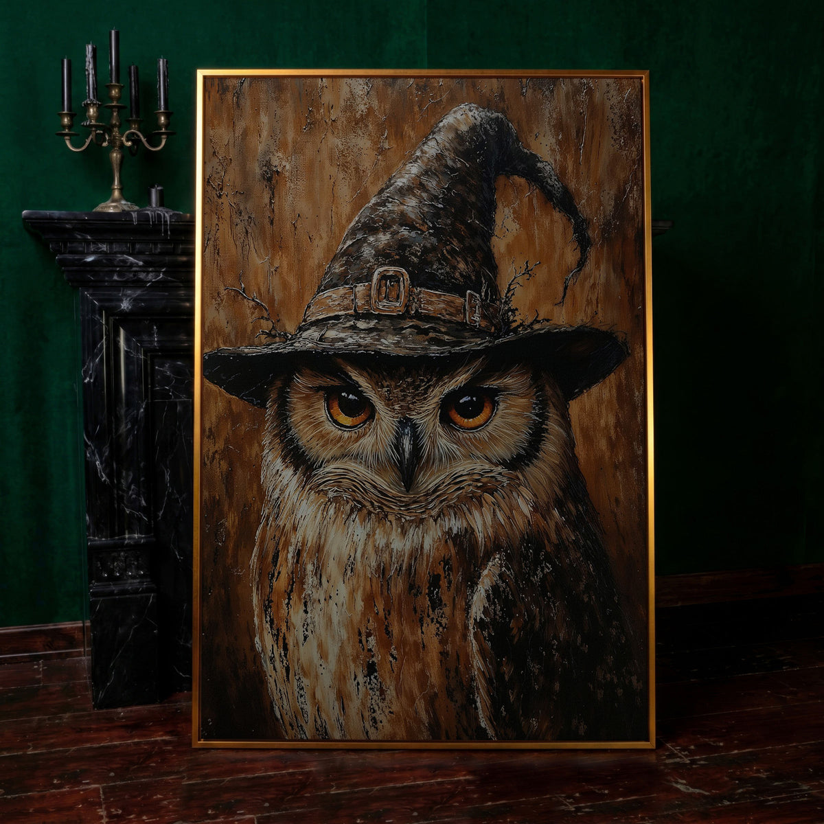 Owl in Wizard Hat Canvas Print in antique gold floating frame