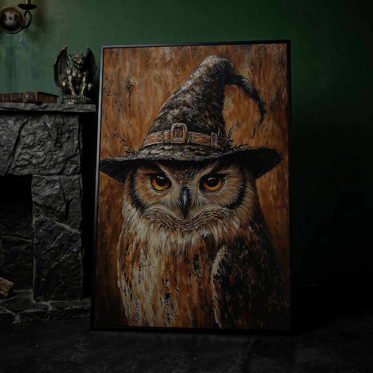 Owl in Wizard Hat Canvas Print in black floating frame