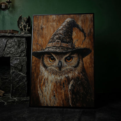 Owl in Wizard Hat Canvas Print in black floating frame