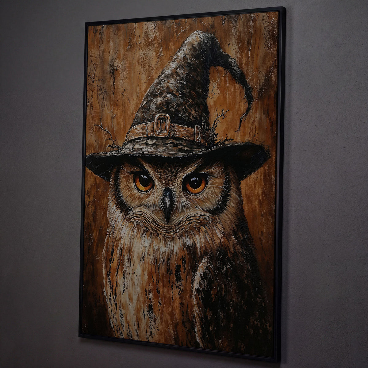 Owl in Wizard Hat Canvas Print shown in black floating frame