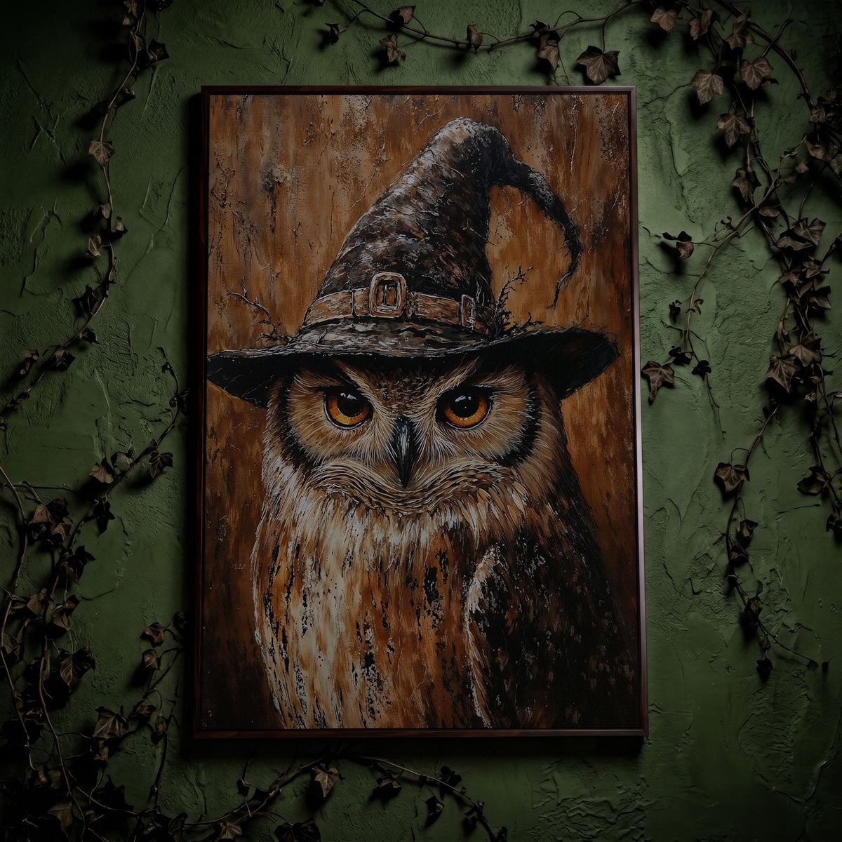 Owl in Wizard Hat Canvas Print in dark walnut floating frame