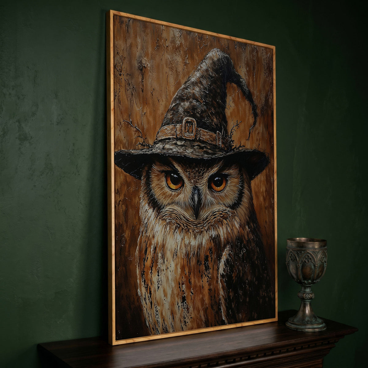 Owl in Wizard Hat Canvas Print in white oak floating frame