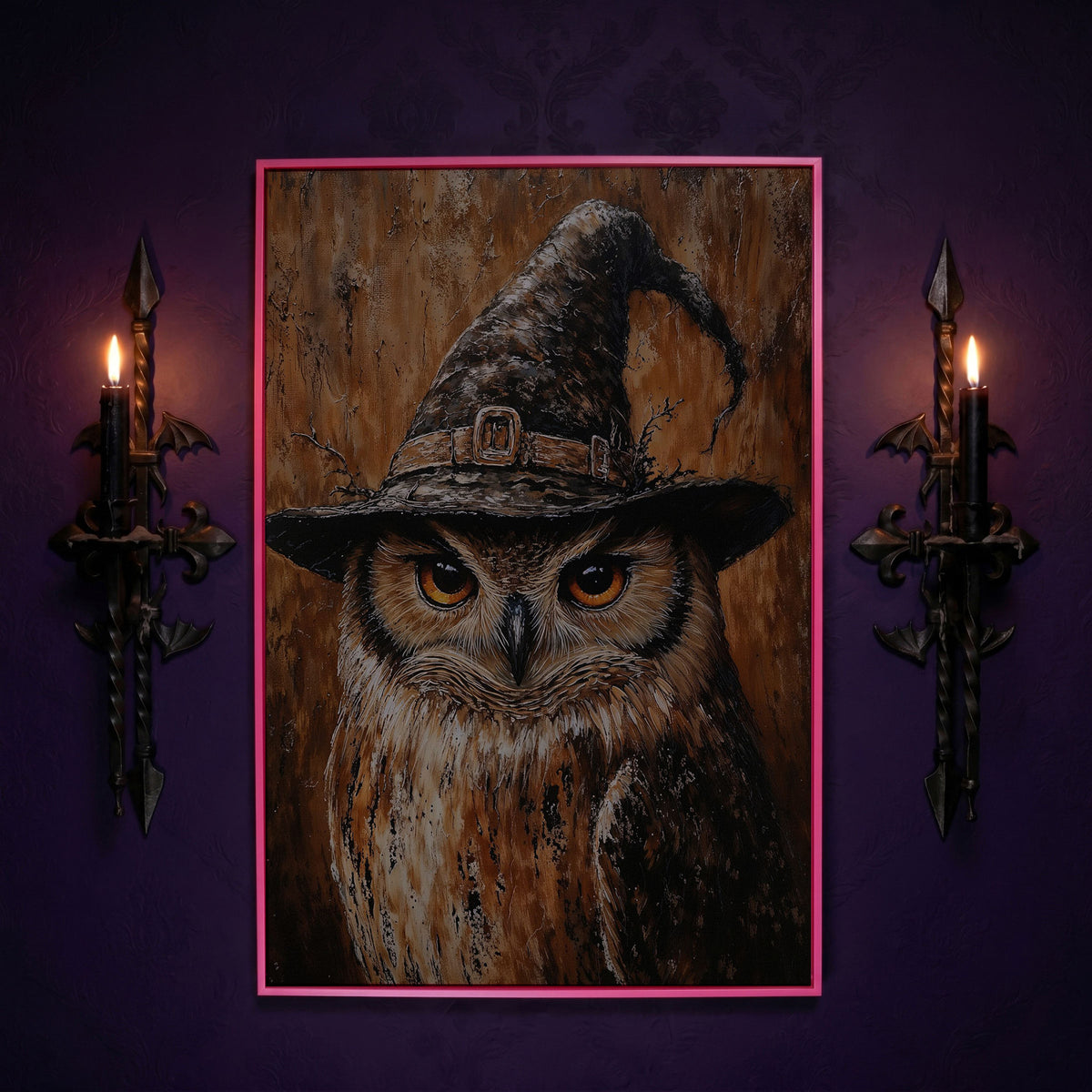 Owl in Wizard Hat Canvas Print in pink floating frame