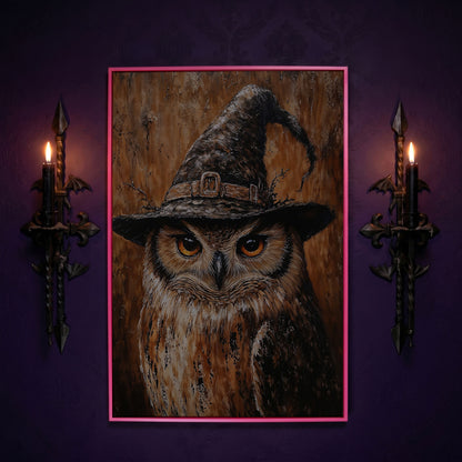 Owl in Wizard Hat Canvas Print in pink floating frame