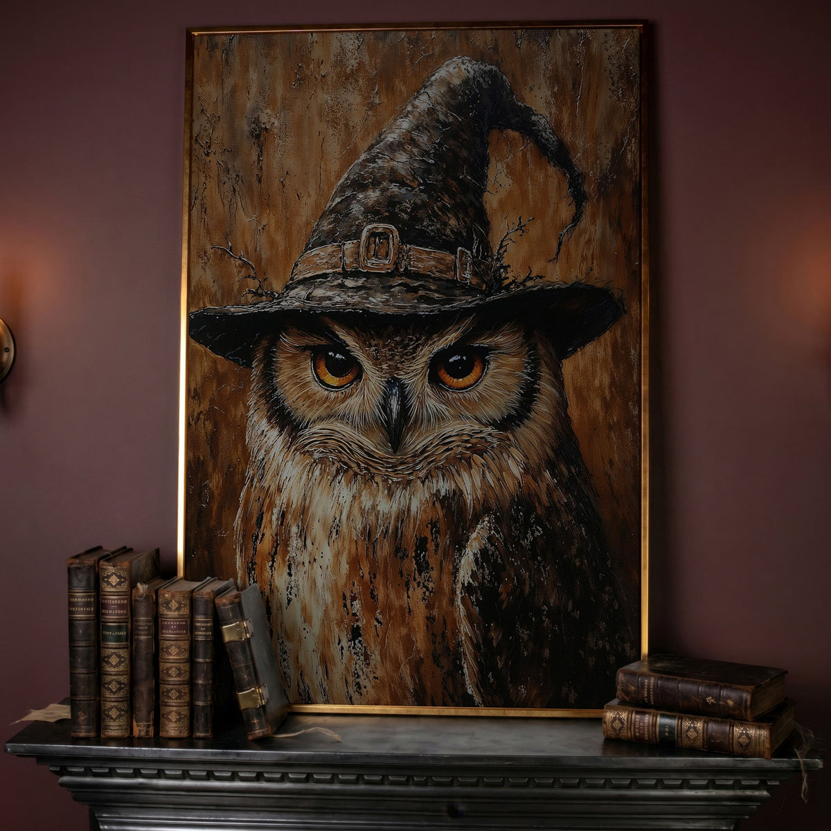 Owl in Wizard Hat Canvas Print in rose gold floating frame