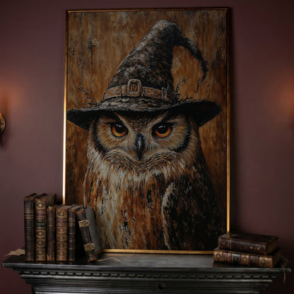 Owl in Wizard Hat Canvas Print in rose gold floating frame