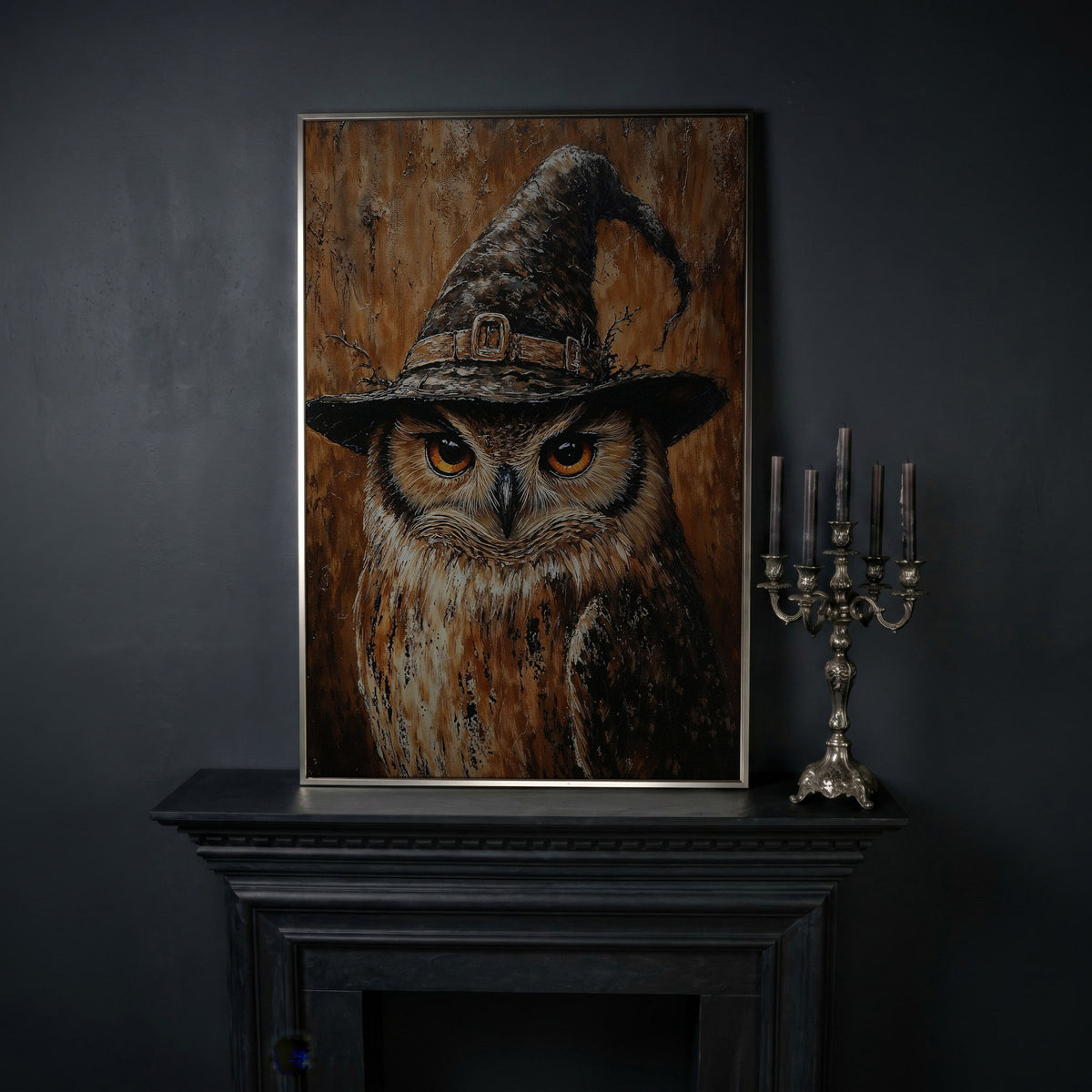 Owl in Wizard Hat Canvas Print in silver floating frame