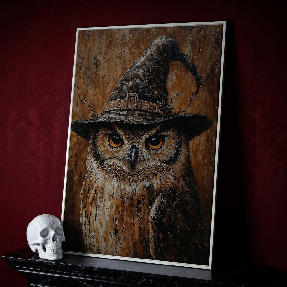 Owl in Wizard Hat Canvas Print in white floating frame