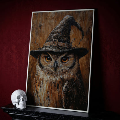 Owl in Wizard Hat Canvas Print in white floating frame
