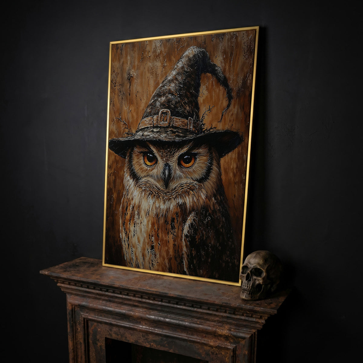 Owl in Wizard Hat Canvas Print in yellow gold floating frame