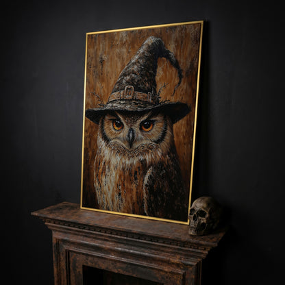 Owl in Wizard Hat Canvas Print in yellow gold floating frame
