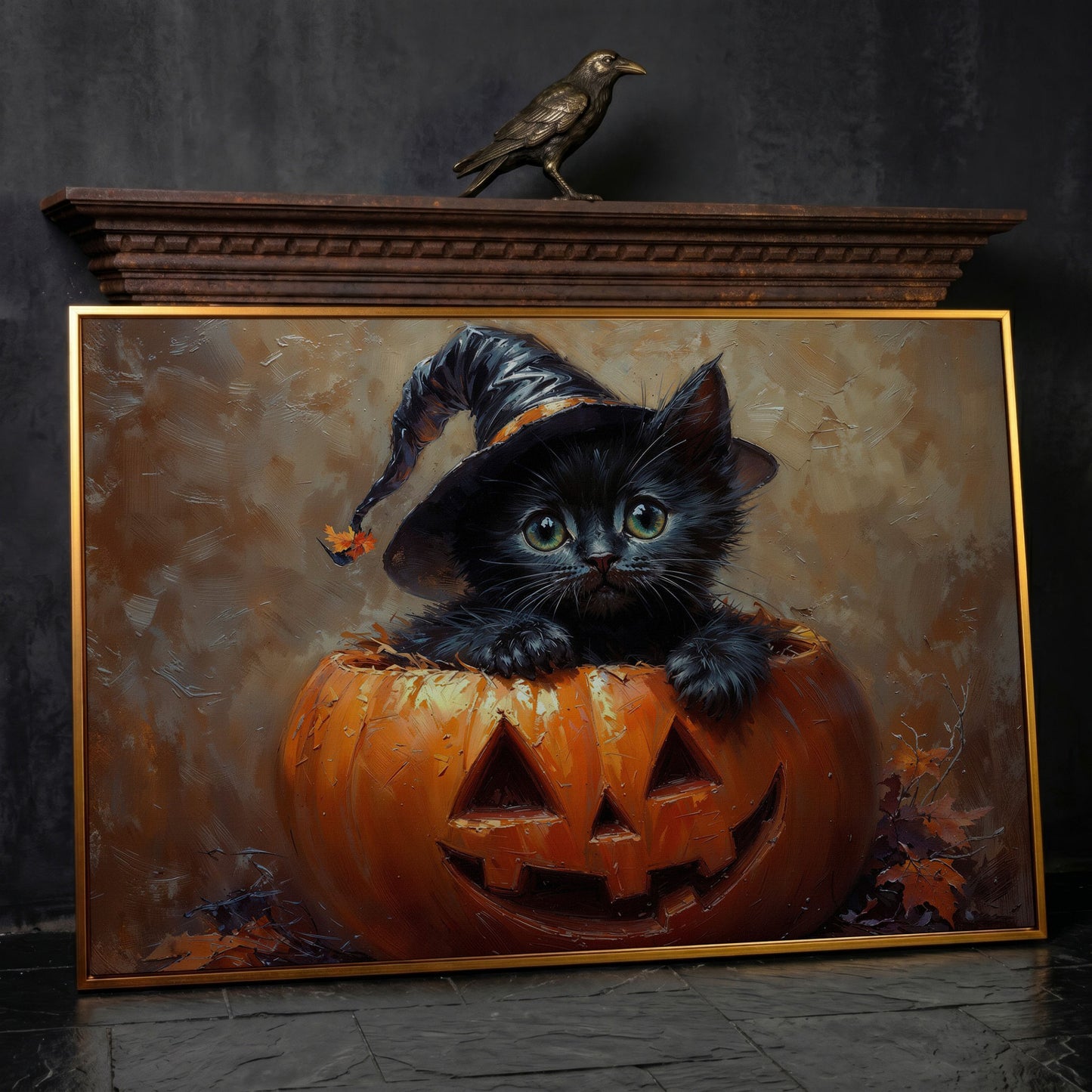 Halloween Kitten with Witch Hat Canvas in antique gold floating frame