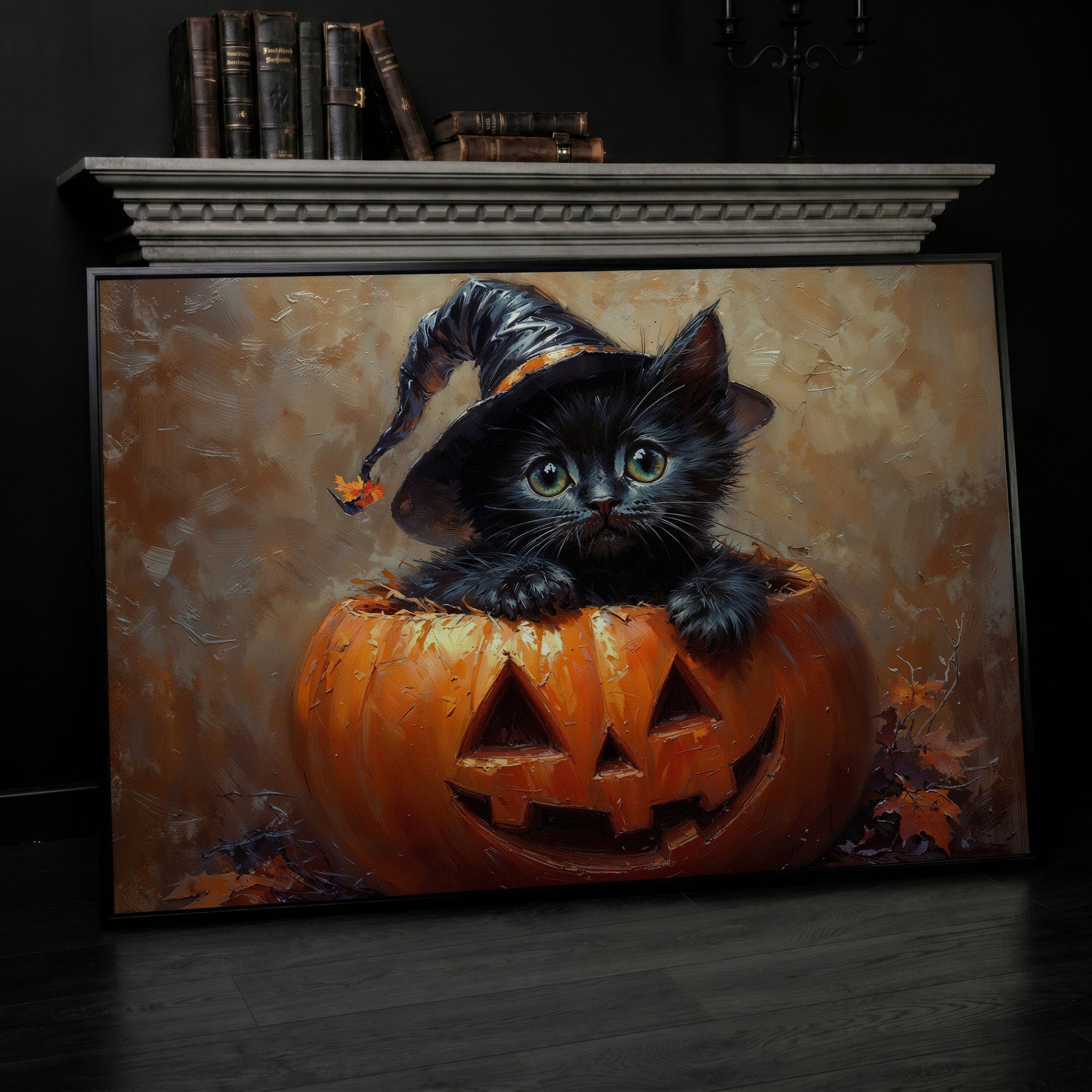 Halloween Kitten with Witch Hat Canvas in black floating frame