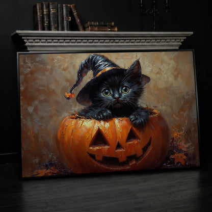 Halloween Kitten with Witch Hat Canvas in black floating frame