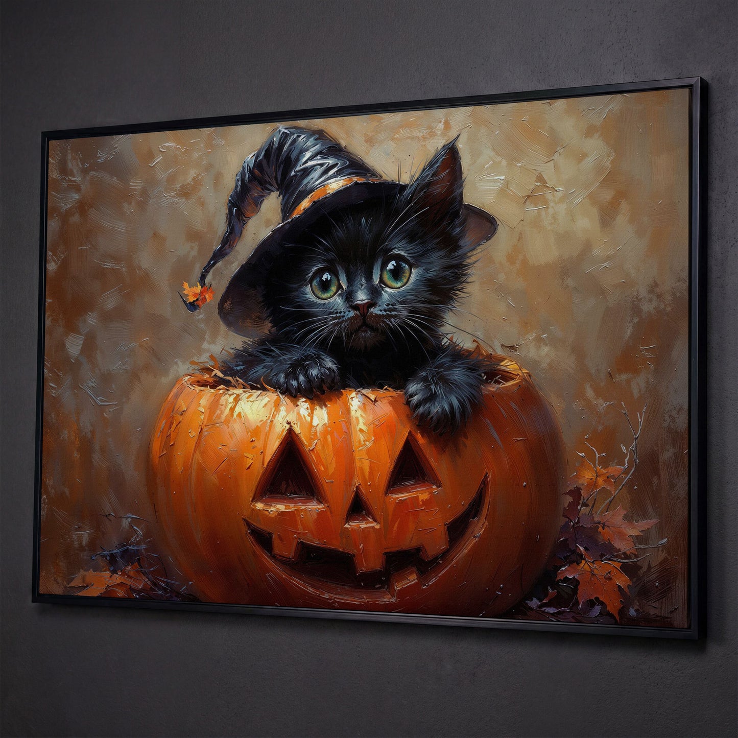 Halloween Kitten with Witch Hat Canvas shown in black floating frame