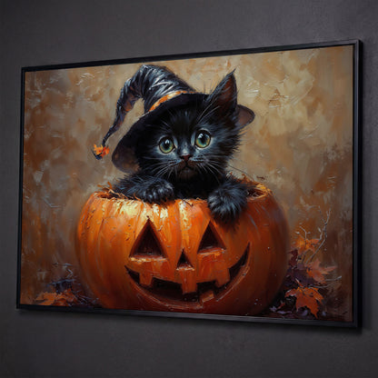 Halloween Kitten with Witch Hat Canvas shown in black floating frame
