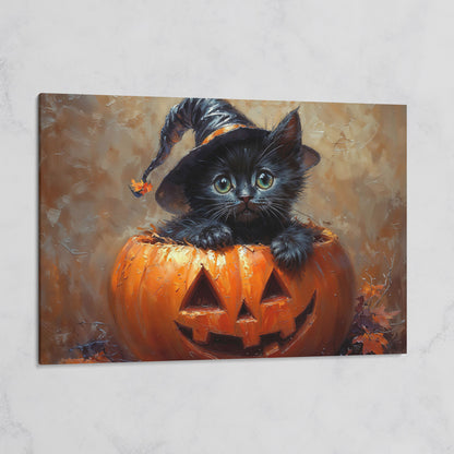 Halloween Kitten with Witch Hat Canvas on gallery wrap