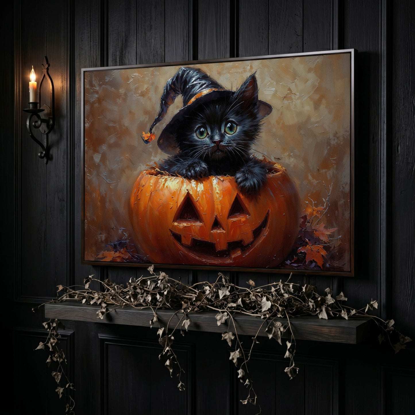 Halloween Kitten with Witch Hat Canvas in dark walnut floating frame